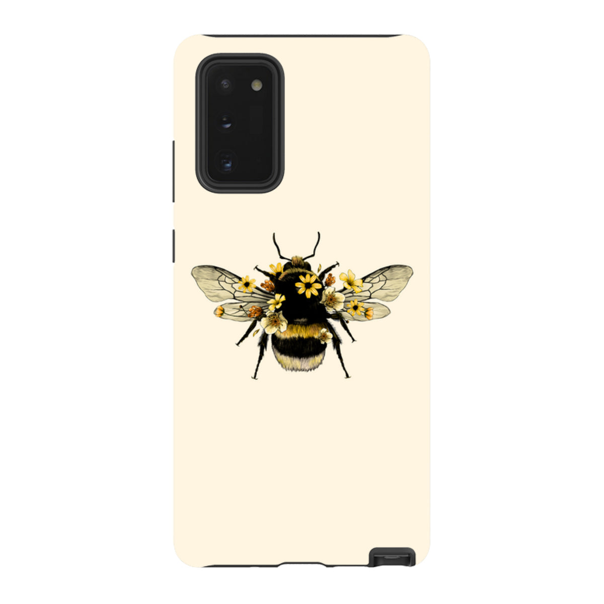 Samsung Galaxy tough case featuring a cream background with a detailed illustration of a bumblebee adorned with yellow flowers.