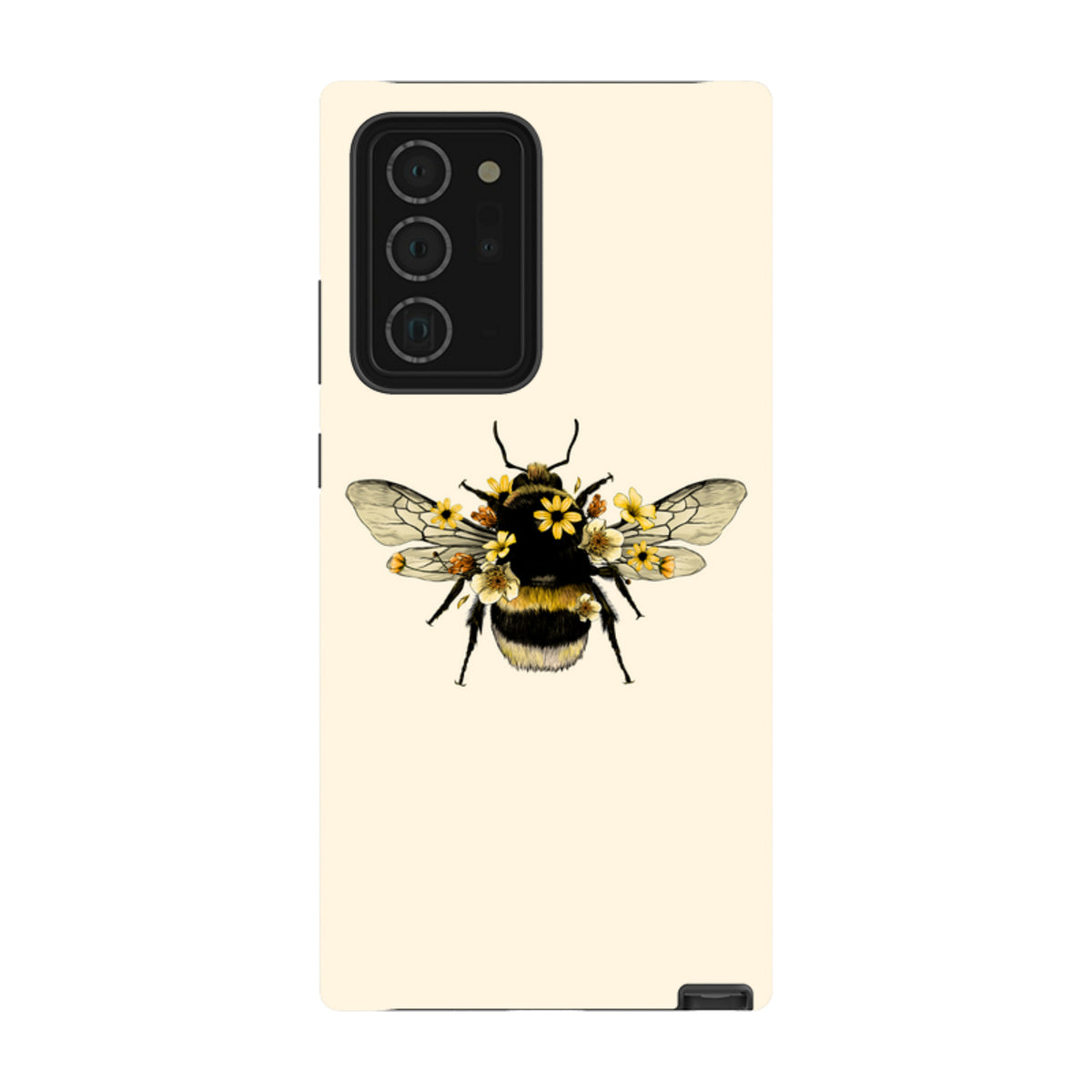 Samsung Tough Case with a cream background and a detailed bumblebee illustration adorned with small yellow flowers.
