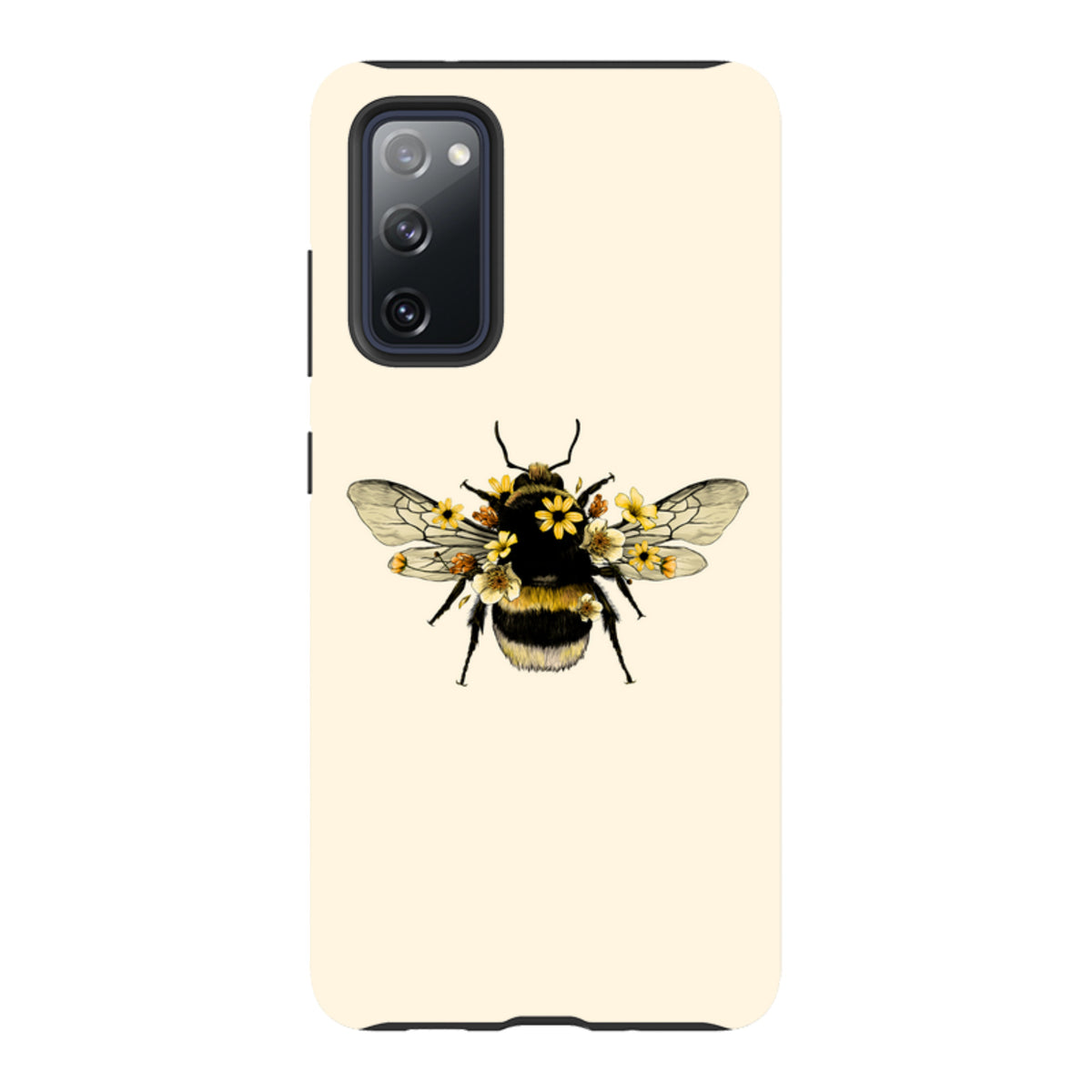 Samsung Tough Case with a cream background and a detailed bee illustration adorned with yellow floral accents.
