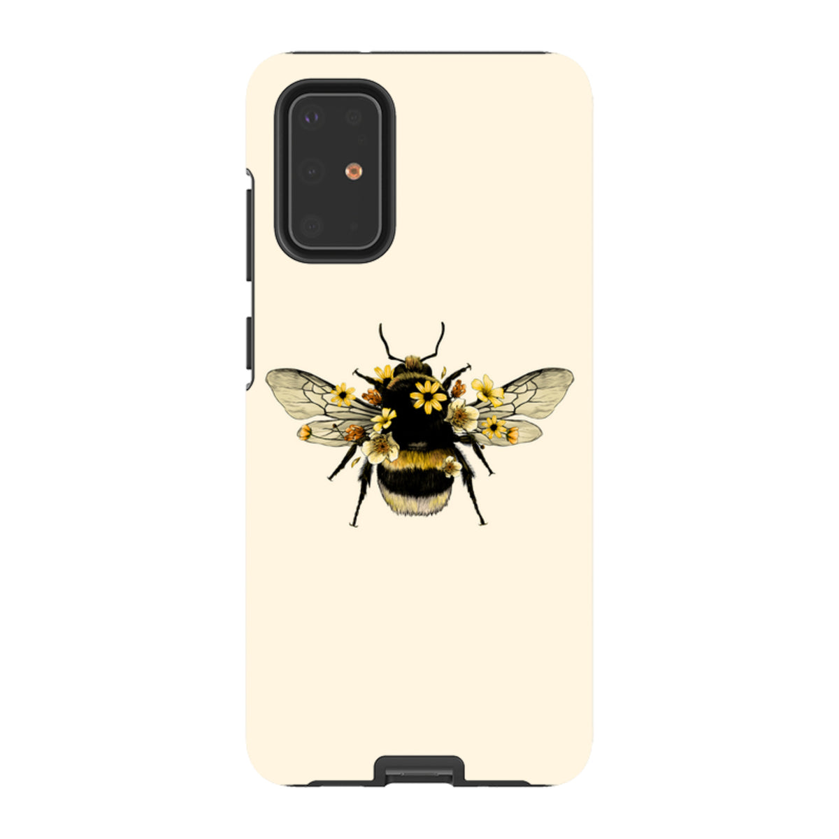 Samsung Galaxy tough case in cream with a detailed bee and yellow floral illustration and dual-layer protective shell.