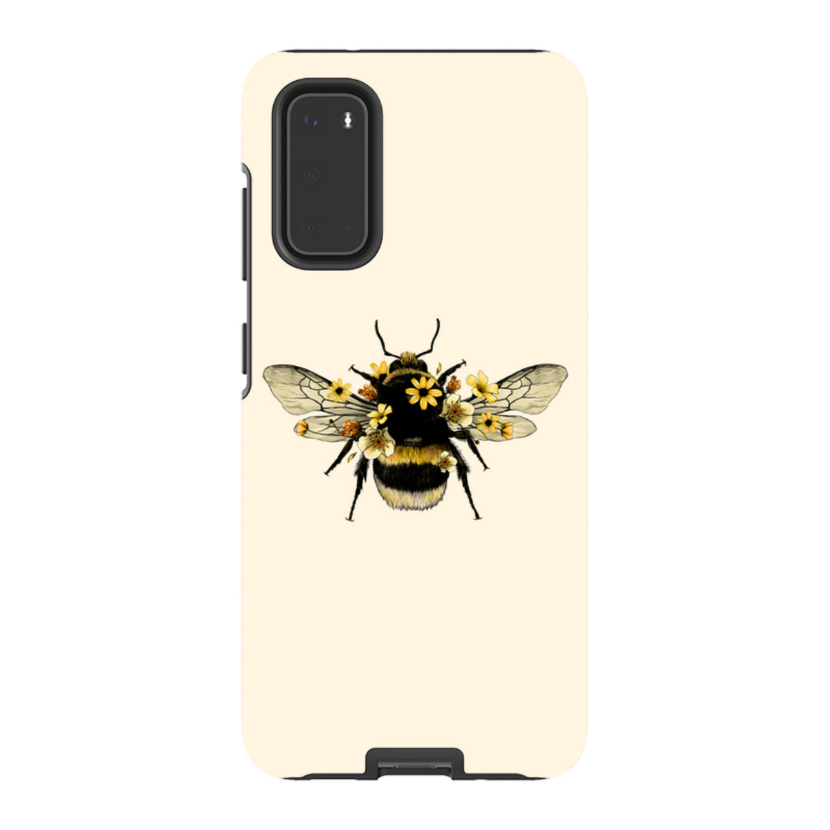 Samsung Tough Case featuring a bumblebee with yellow floral accents on a cream background with dual-layer protection.
