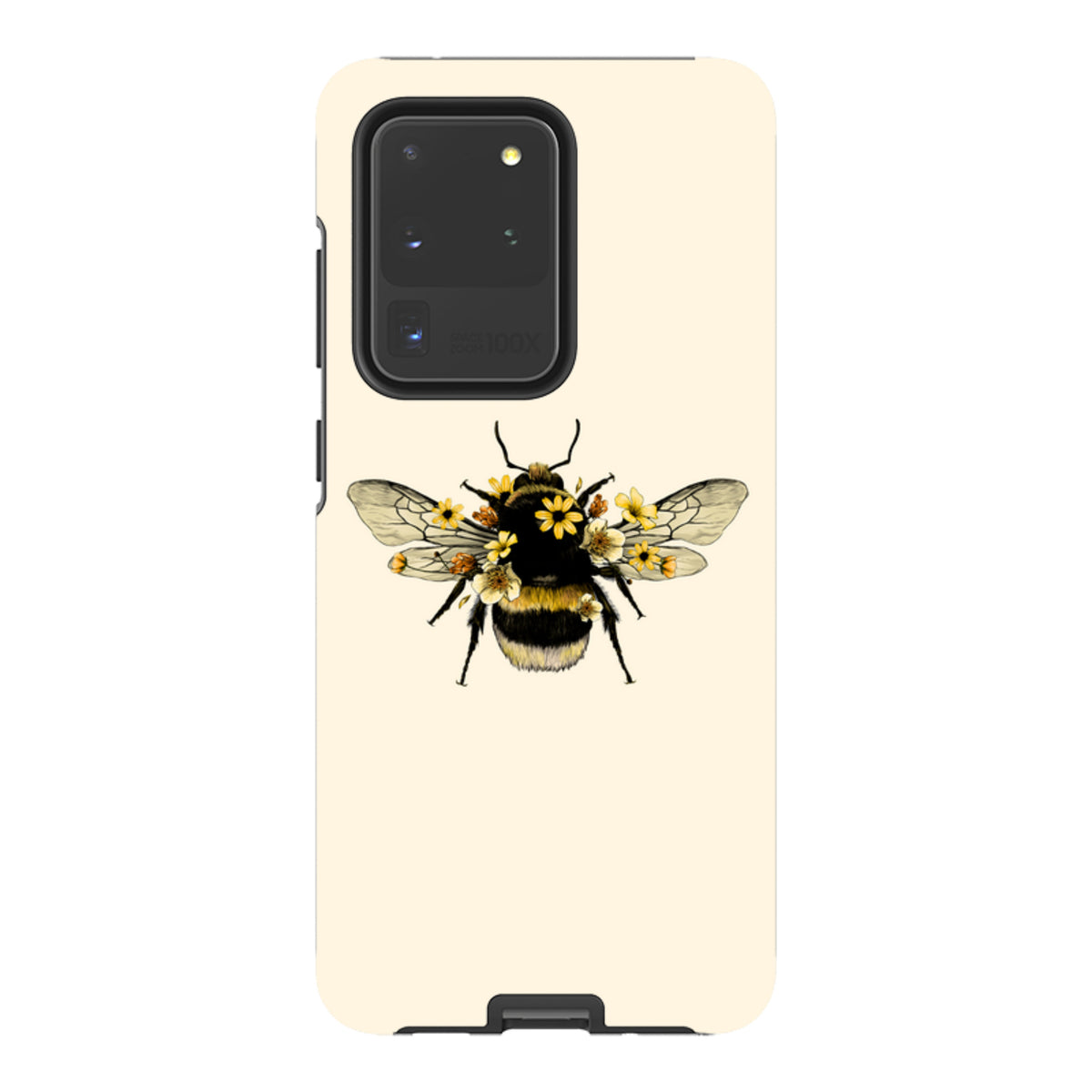 Samsung Tough Case featuring a floral bee illustration on a cream background with dual-layer protective design.