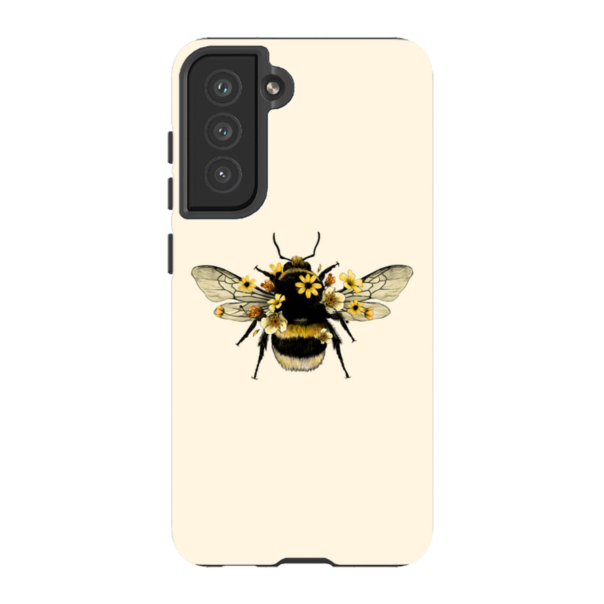 Cream-colored Samsung tough case featuring a detailed bumblebee illustration adorned with small yellow flowers.