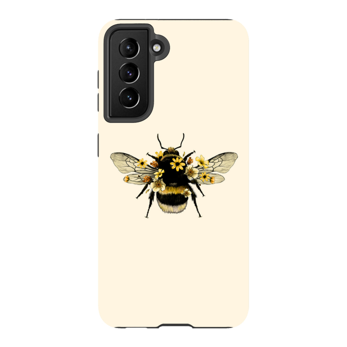Samsung Galaxy tough case in cream with a detailed bumblebee and yellow flower illustration and dual-layer protection.