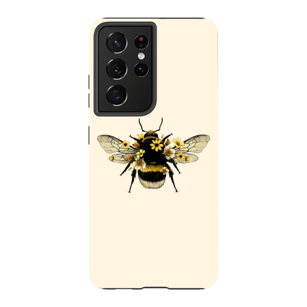 Samsung Galaxy tough case featuring a cream background with a detailed bee and yellow floral illustration.