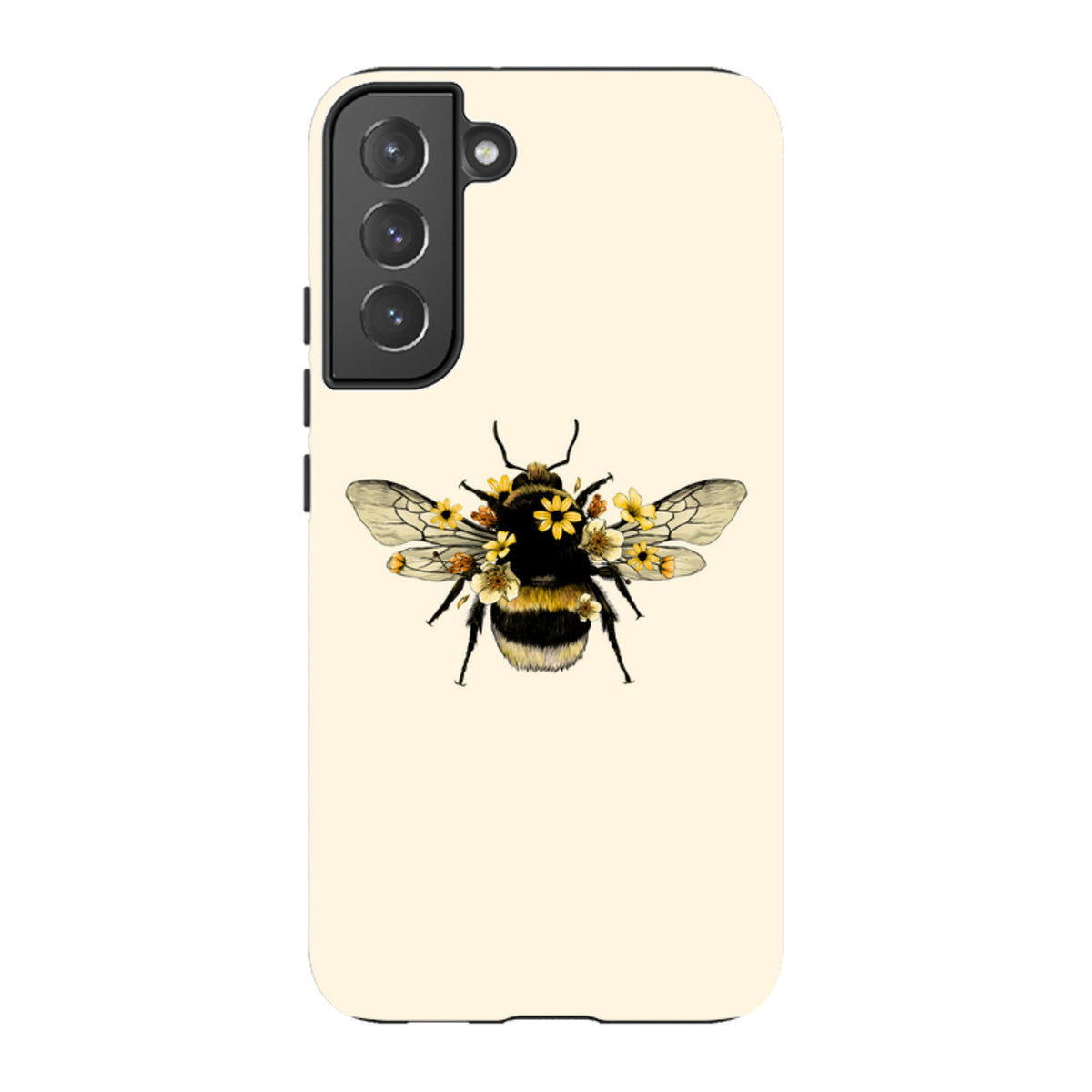 Samsung Galaxy tough case in cream with a detailed bee and yellow floral illustration, featuring a dual-layer protective design.