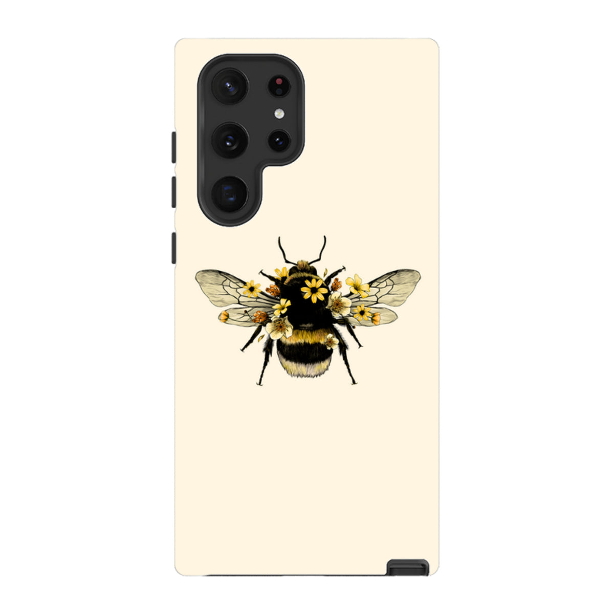 Samsung Galaxy tough case in cream with a detailed bumblebee and yellow flower illustration on the back.