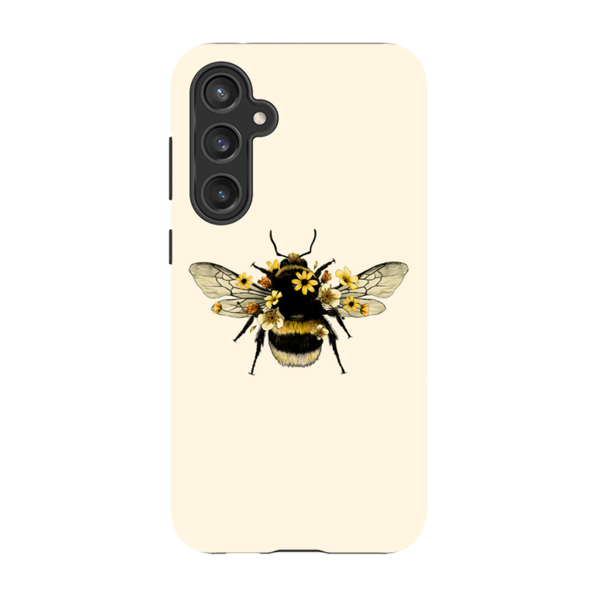 Samsung Galaxy tough case in cream with a detailed bumblebee illustration adorned with small yellow flowers.