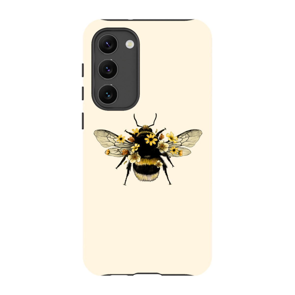 Samsung Tough Case featuring a detailed bumblebee with yellow flowers on a cream background, dual-layer protective design.