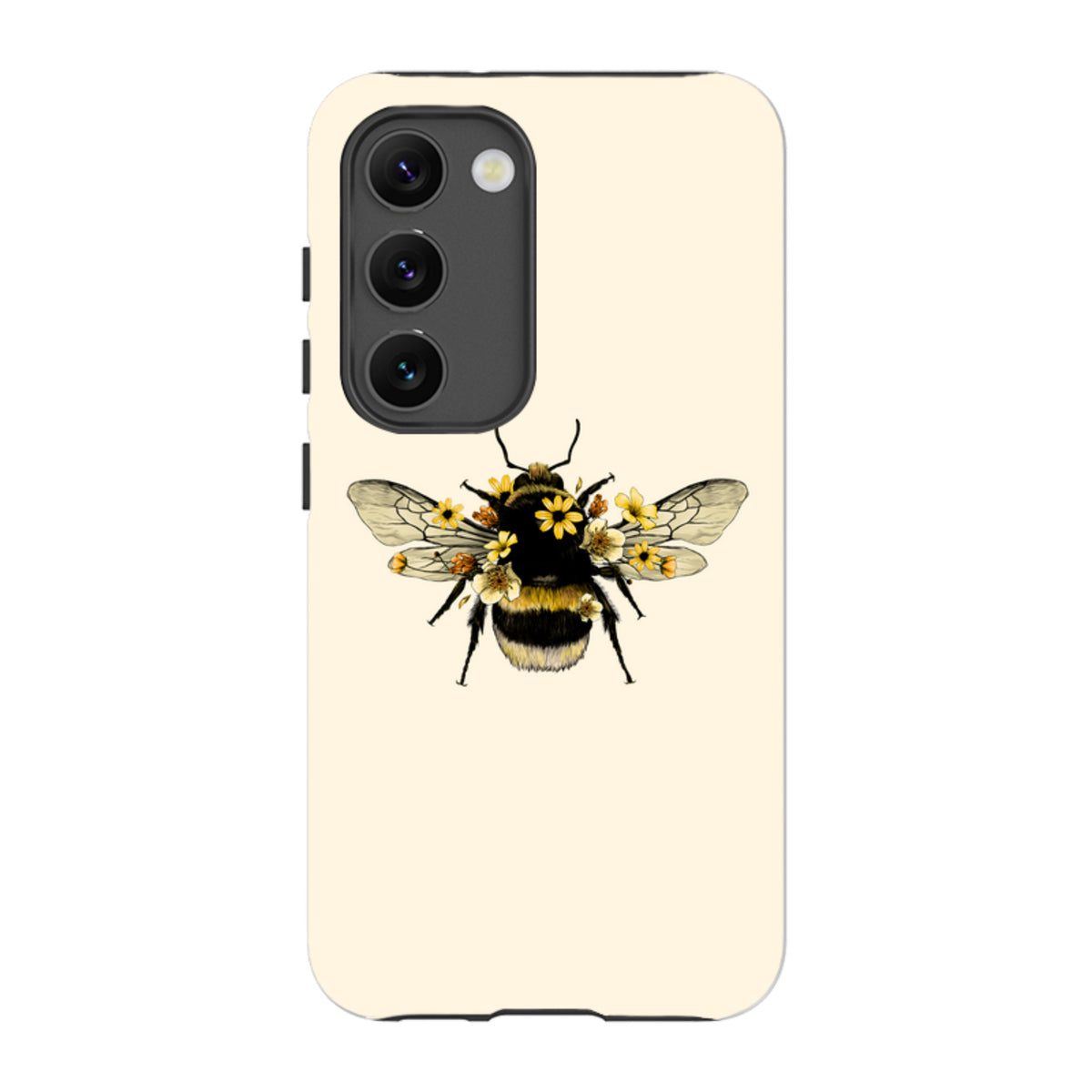 Samsung Galaxy tough case featuring a detailed bumblebee illustration with yellow flowers on a cream background.