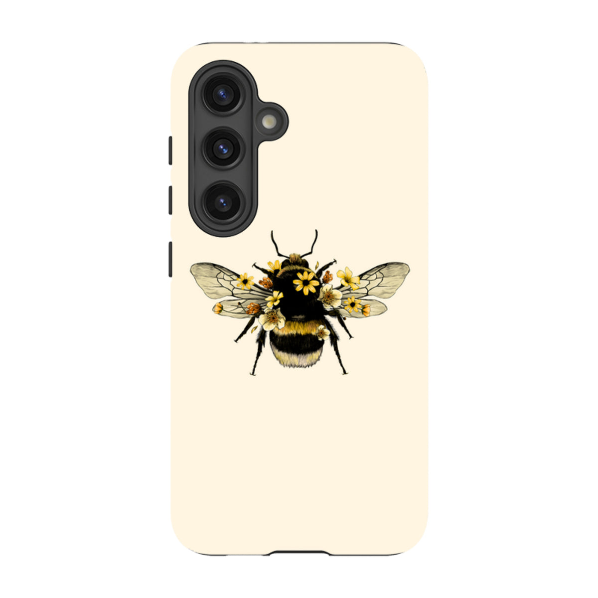 Samsung Galaxy tough case in cream with a detailed bumblebee and yellow floral illustration on the back.