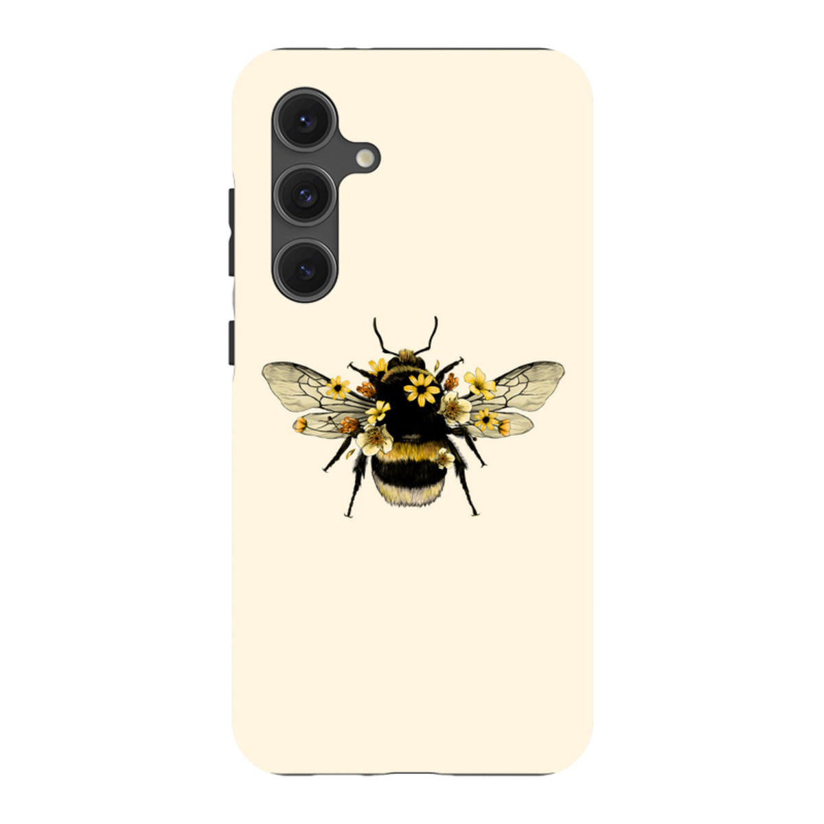 Samsung Galaxy tough case in cream with a detailed bee and yellow floral illustration and triple camera cut-out.