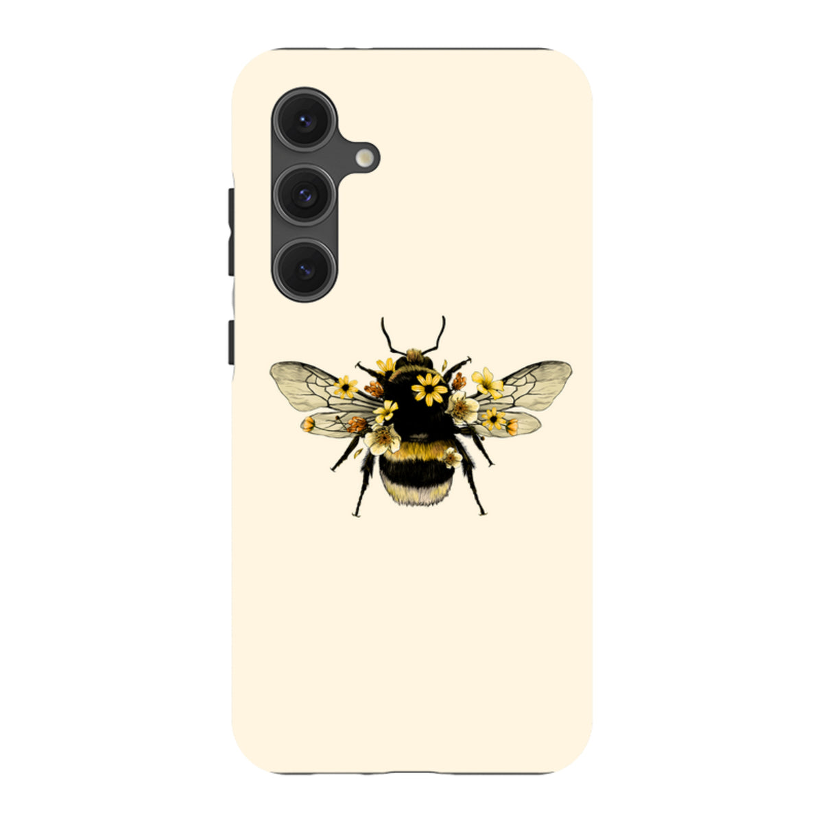 Samsung Galaxy tough case in cream with a detailed bumblebee and yellow flower illustration on the back.