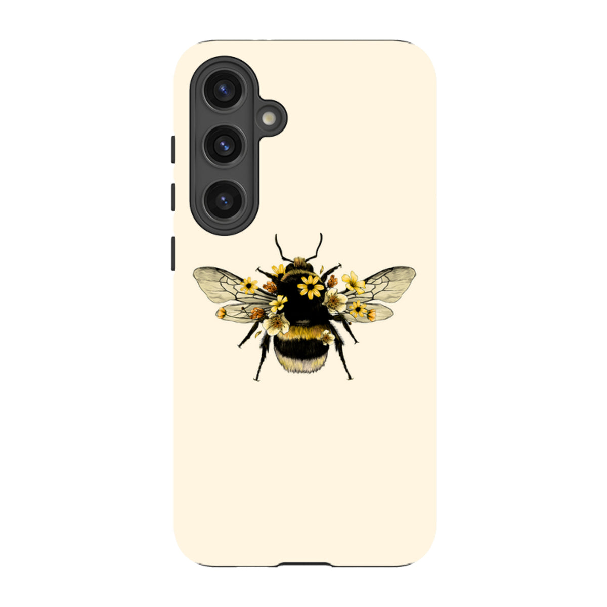 Samsung Galaxy tough case in cream featuring a detailed bumblebee illustration adorned with small yellow flowers.