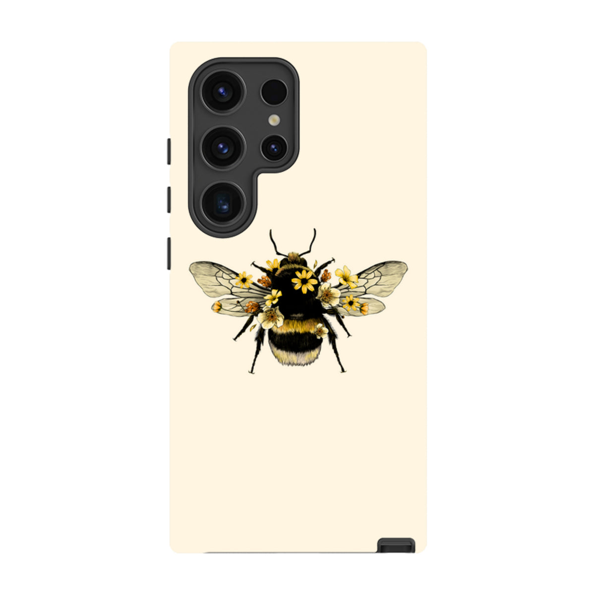 Samsung Galaxy tough case in cream featuring a detailed bumblebee illustration adorned with small yellow flowers.