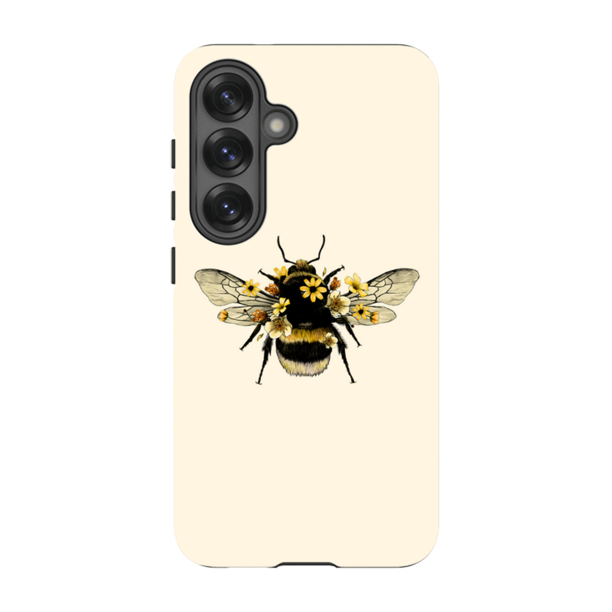 Samsung Tough Case with a cream background featuring a detailed bumblebee illustration adorned with small yellow flowers.