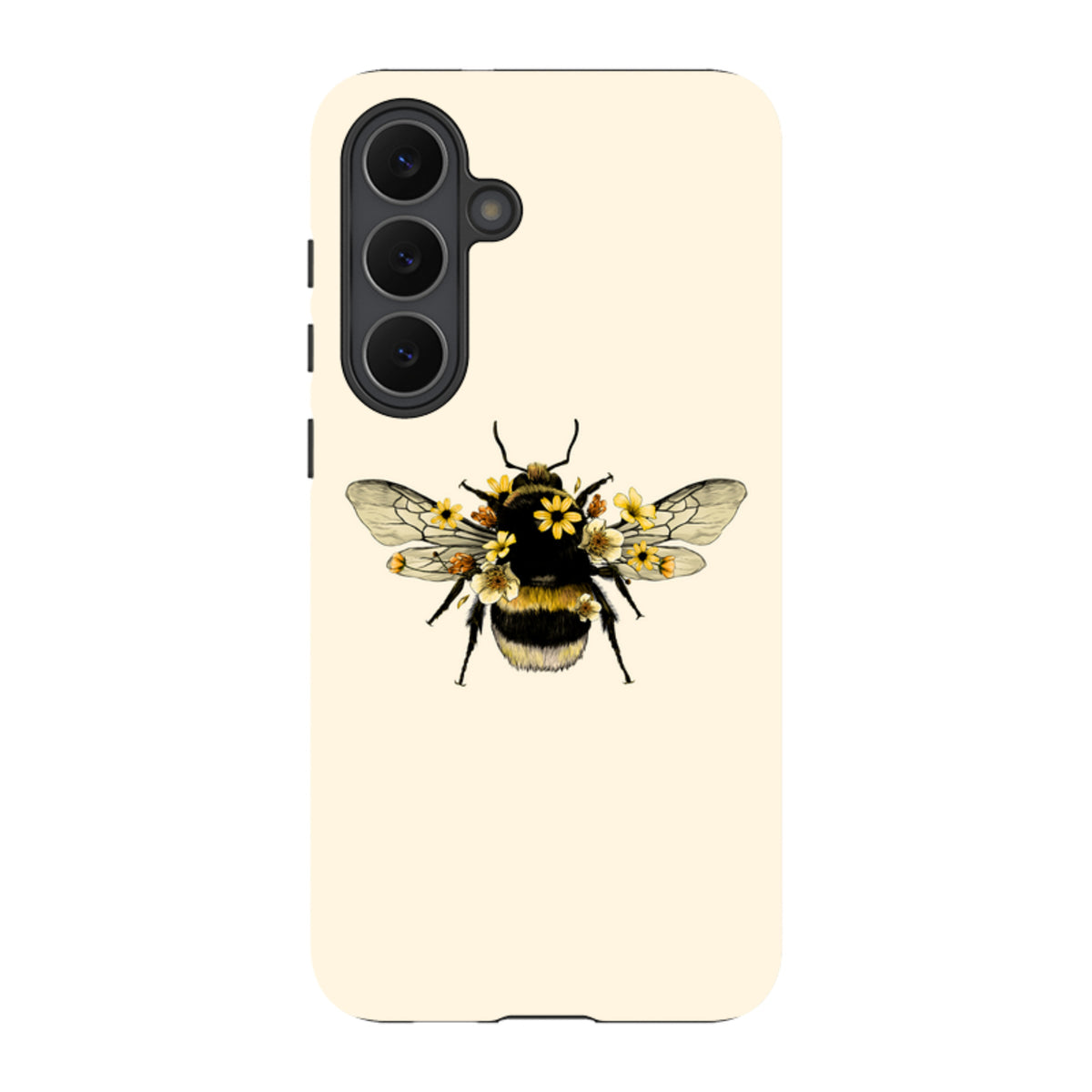 Cream-colored Samsung tough case featuring a detailed bumblebee illustration adorned with small yellow flowers.