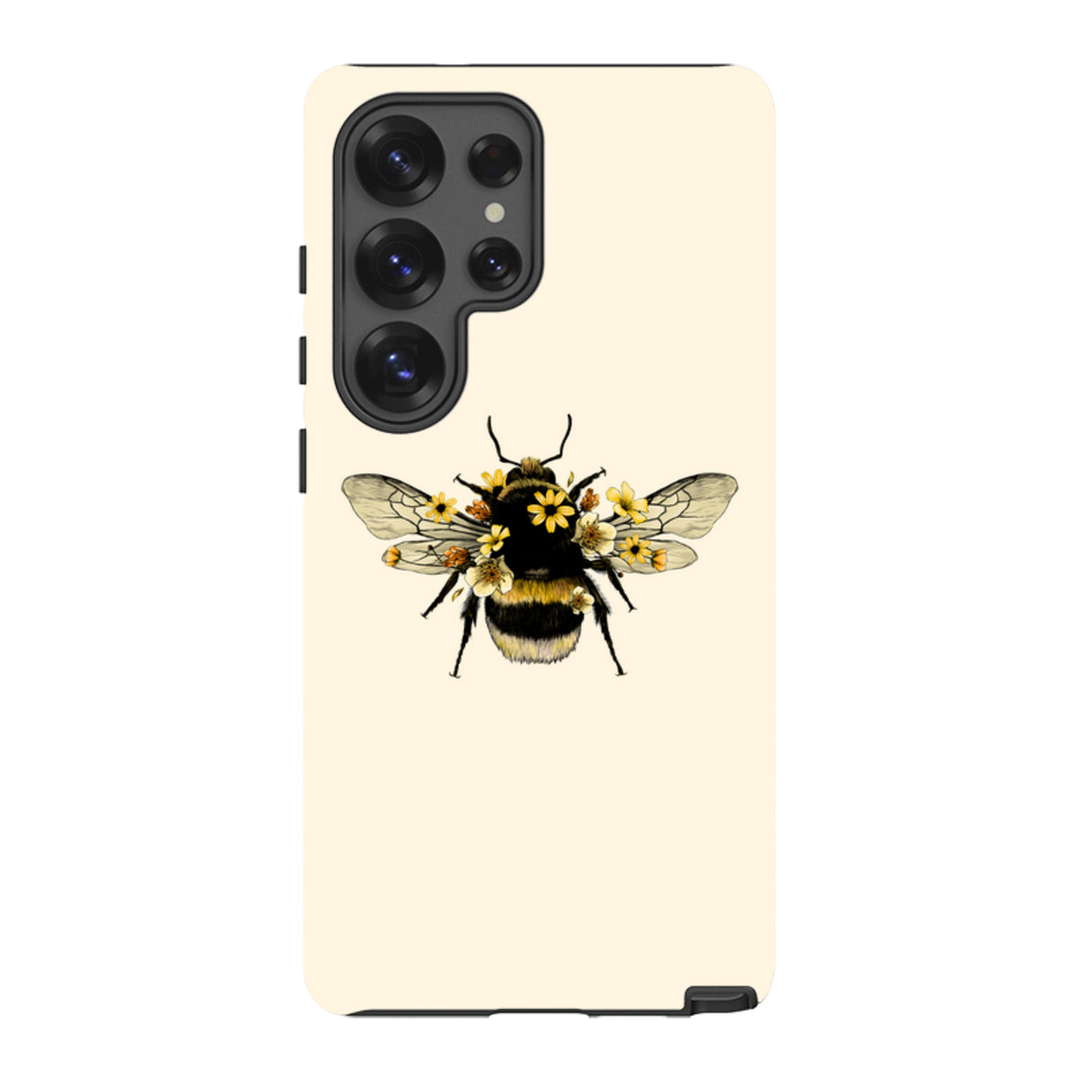 Samsung Tough Case featuring a detailed bumblebee with yellow floral accents on a cream background for Galaxy devices.