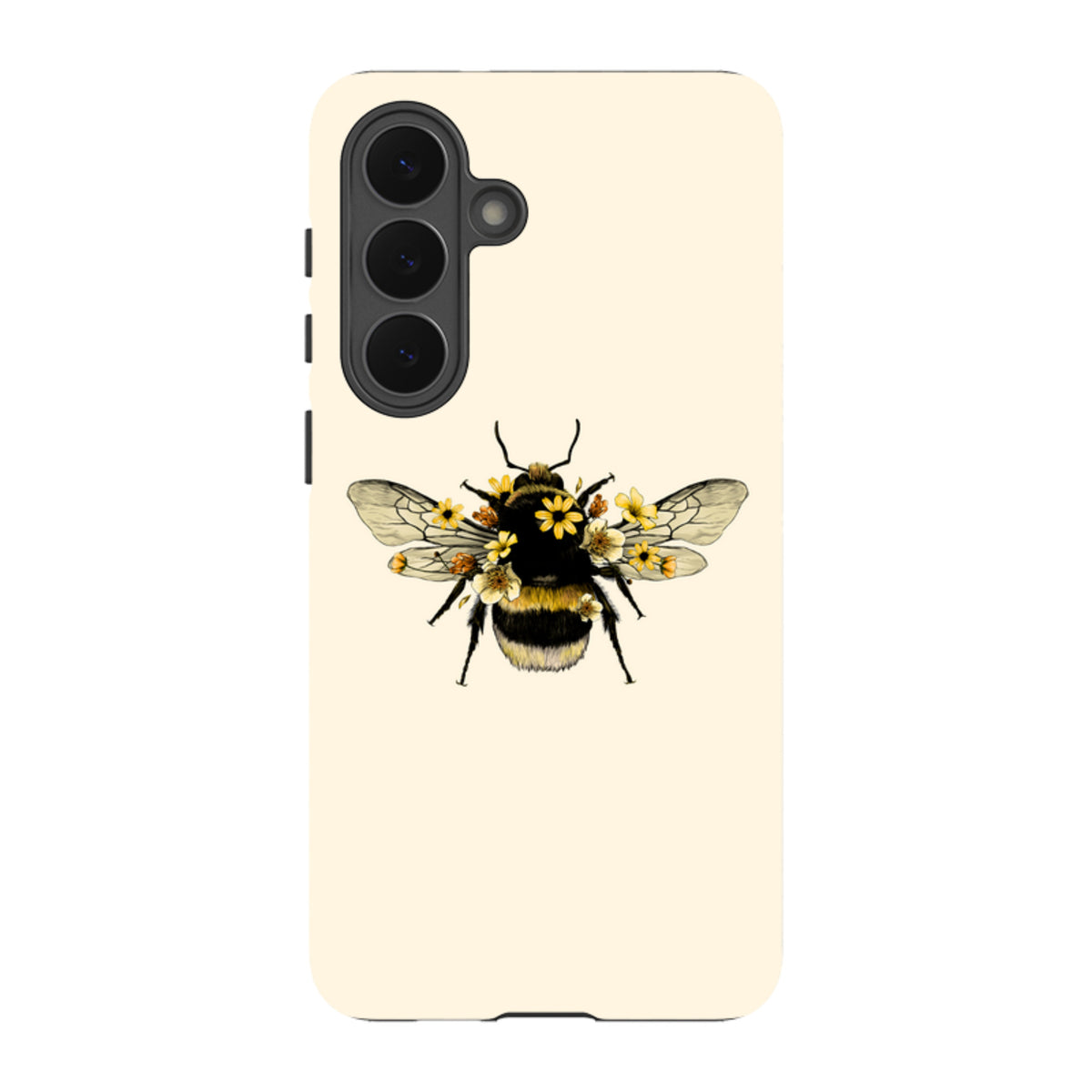 Cream-colored Samsung tough phone case featuring a detailed bumblebee illustration adorned with small yellow flowers.