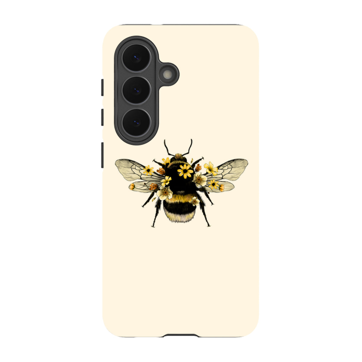 Samsung Galaxy tough case in cream with a detailed bee and yellow floral illustration, featuring a dual-layer design.
