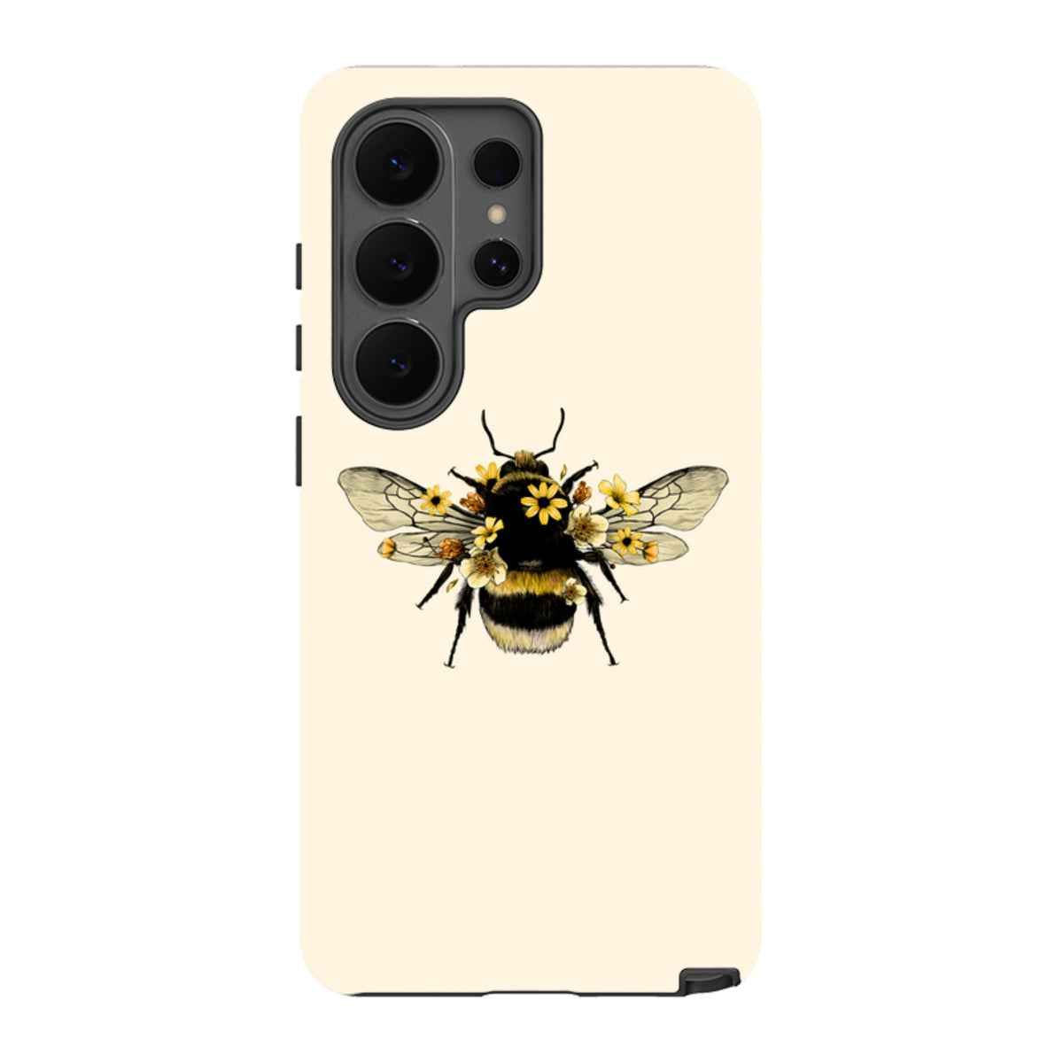 Samsung Tough Case featuring a detailed bumblebee with yellow flowers on a cream background for Galaxy devices.