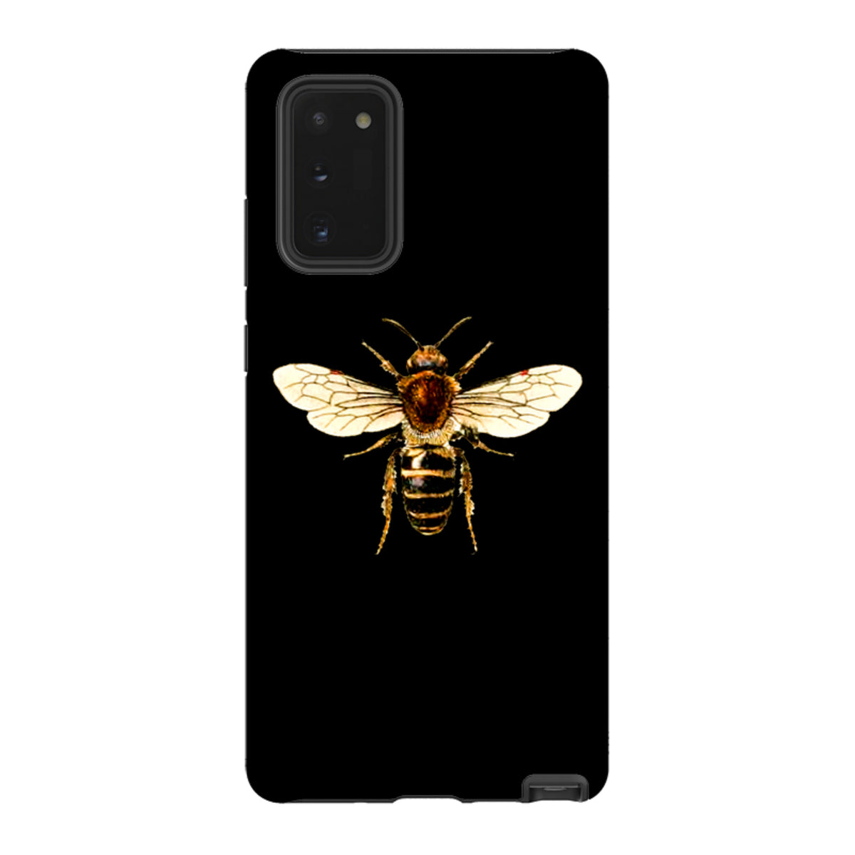 Samsung Galaxy tough case in black featuring a detailed, high-definition honeybee illustration on the back.