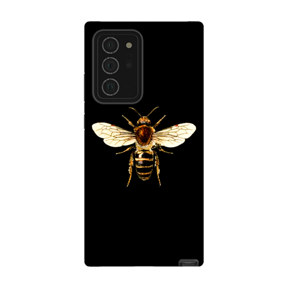 Samsung Galaxy tough case in black featuring a detailed, high-definition bee illustration with dual-layer protection.