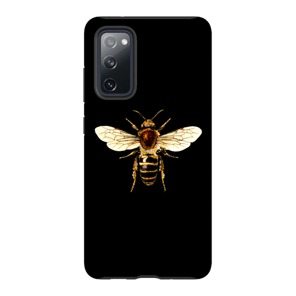 Samsung Galaxy tough case in black featuring a detailed, high-definition honeybee illustration on the back.