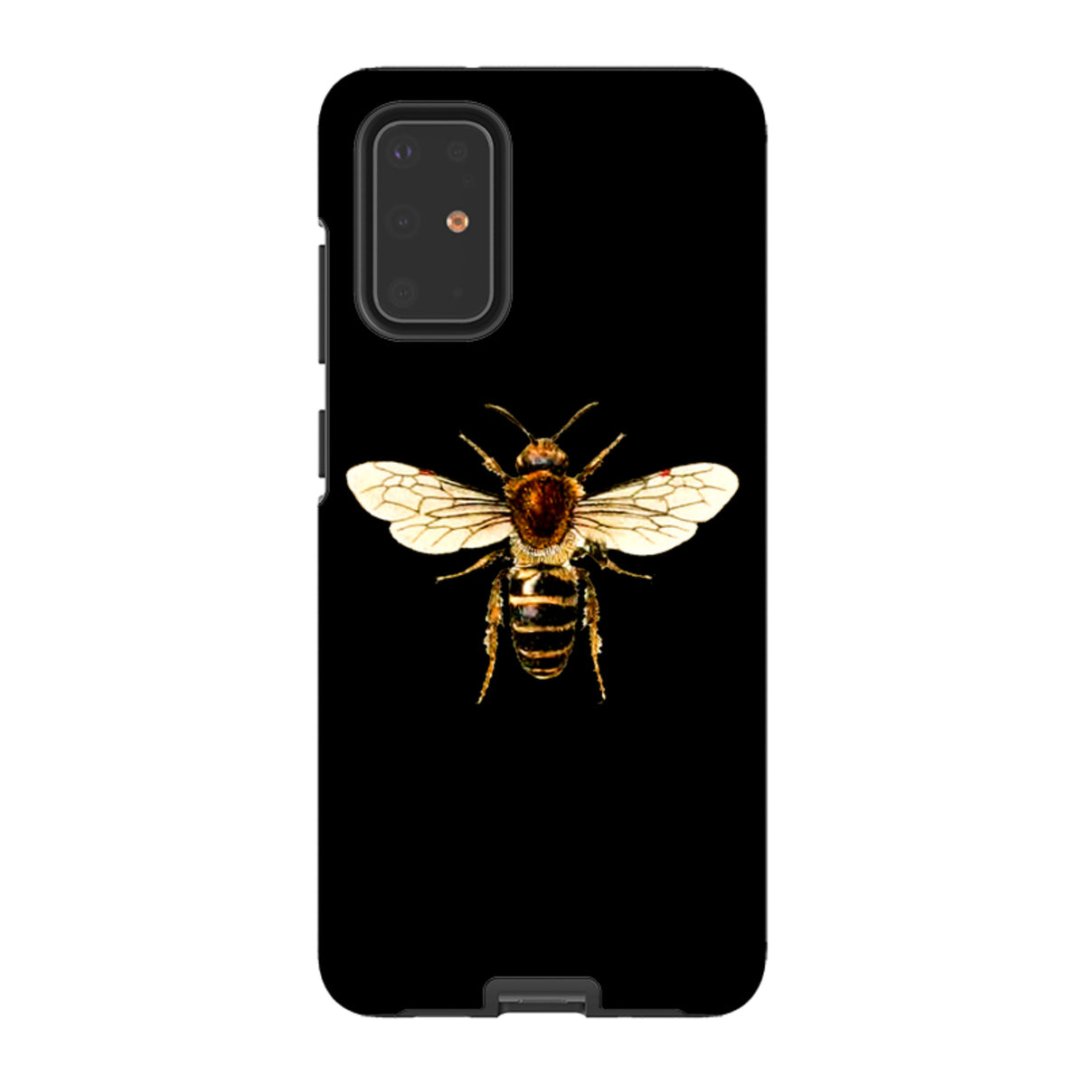 Samsung Tough Case for Galaxy featuring a detailed bee illustration on a sleek black dual-layer protective shell.