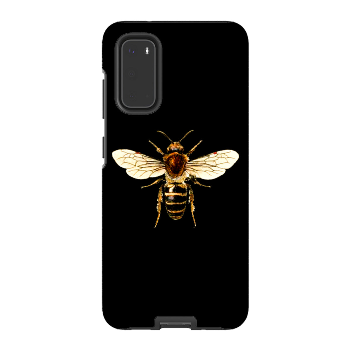Samsung Galaxy tough case in black featuring a detailed, high-definition bee illustration on the back.