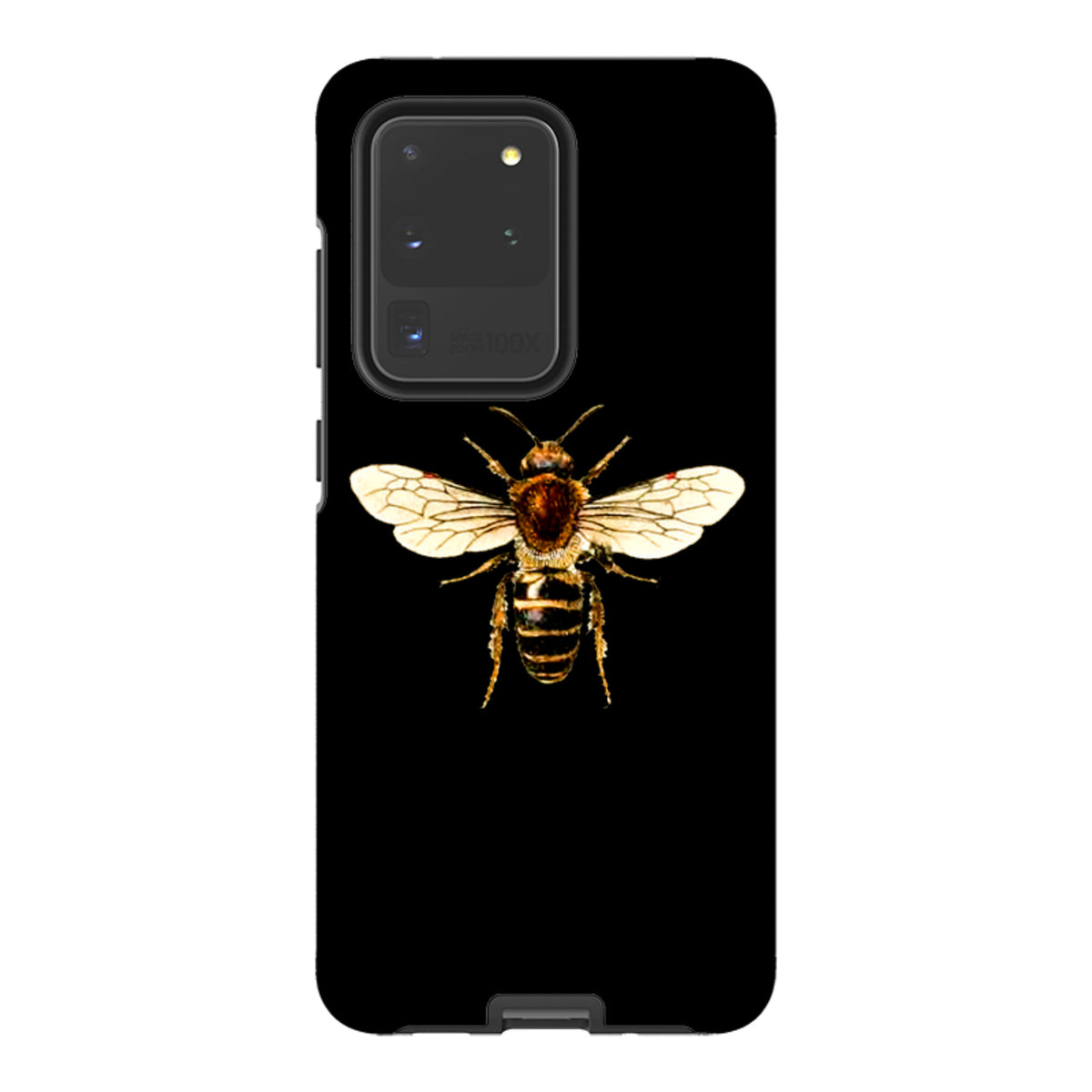 Samsung Tough Case for Galaxy featuring a detailed honeybee illustration centered on a sleek black background.