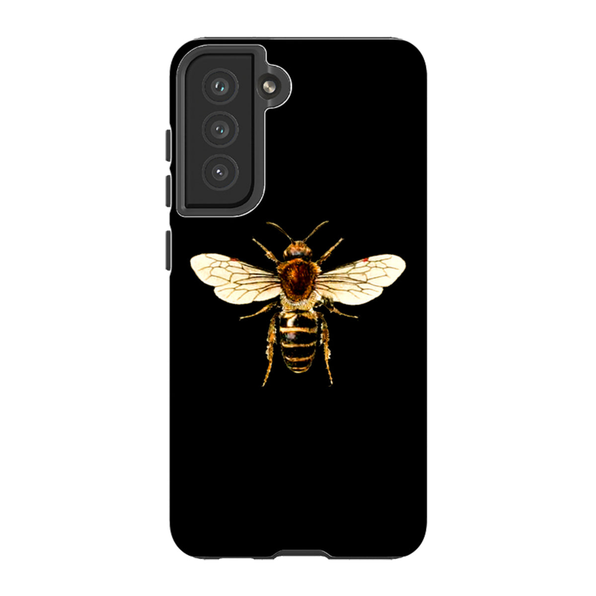 Samsung Galaxy tough case in black featuring a detailed, high-definition bee illustration on the back.