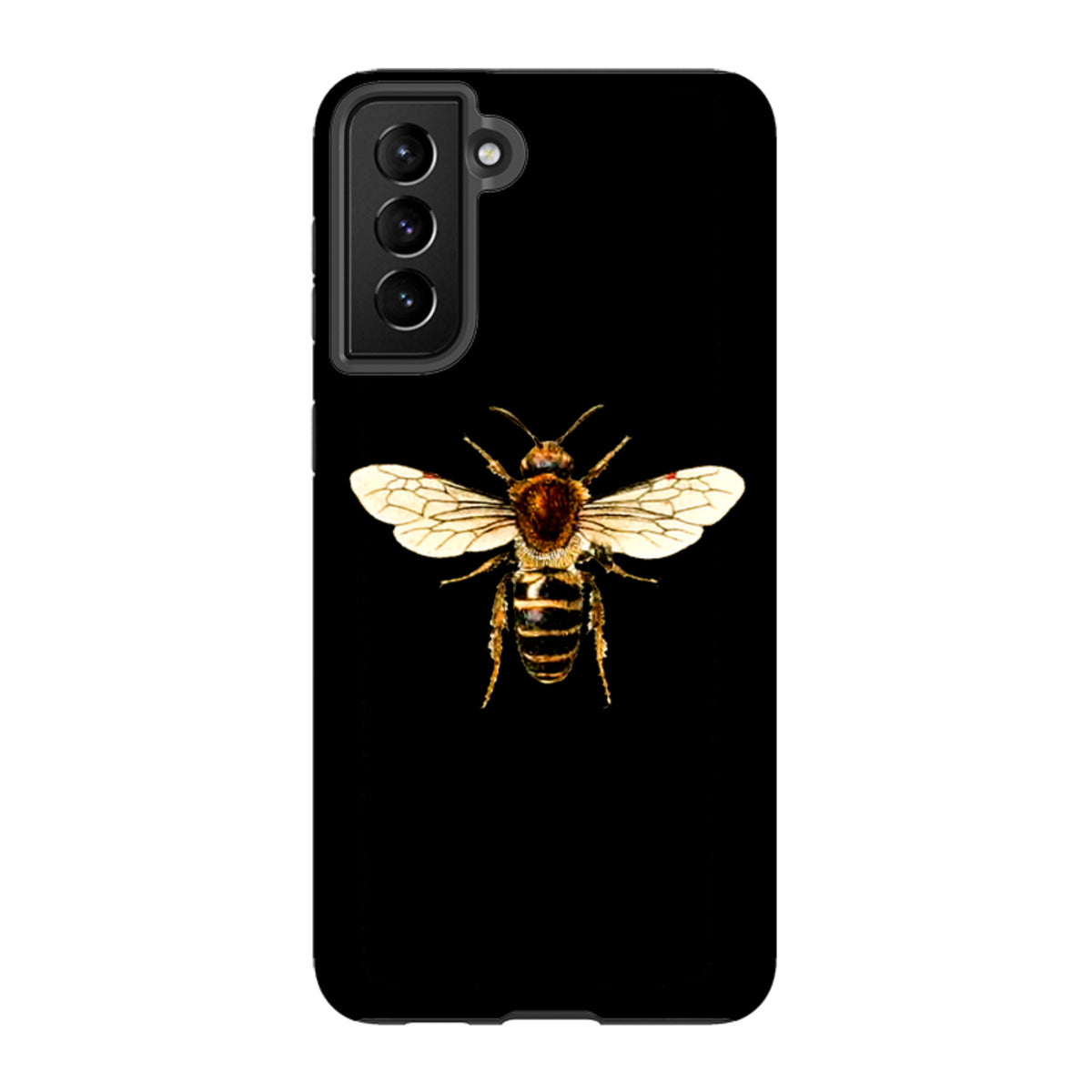 Samsung Galaxy tough case in black featuring a detailed, high-definition honeybee illustration on the back.