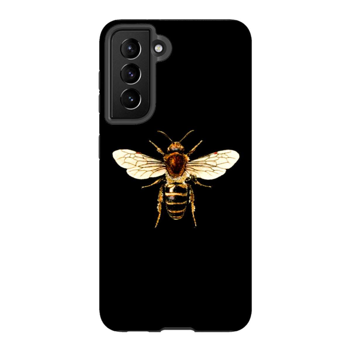 Samsung Galaxy tough case featuring a detailed honeybee illustration on a solid black background.