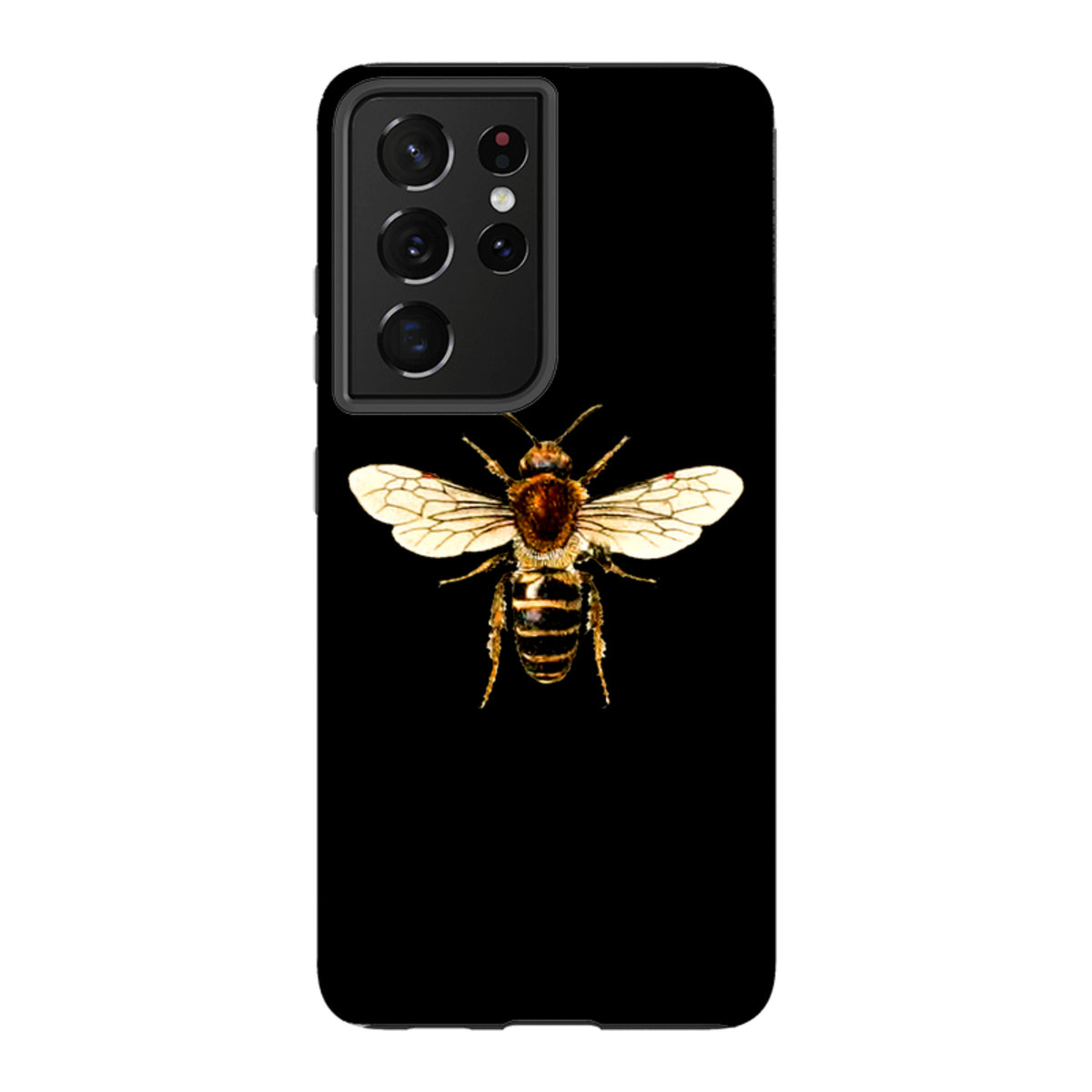 Samsung Galaxy tough case in black featuring a detailed, high-definition bee illustration with dual-layer protection.