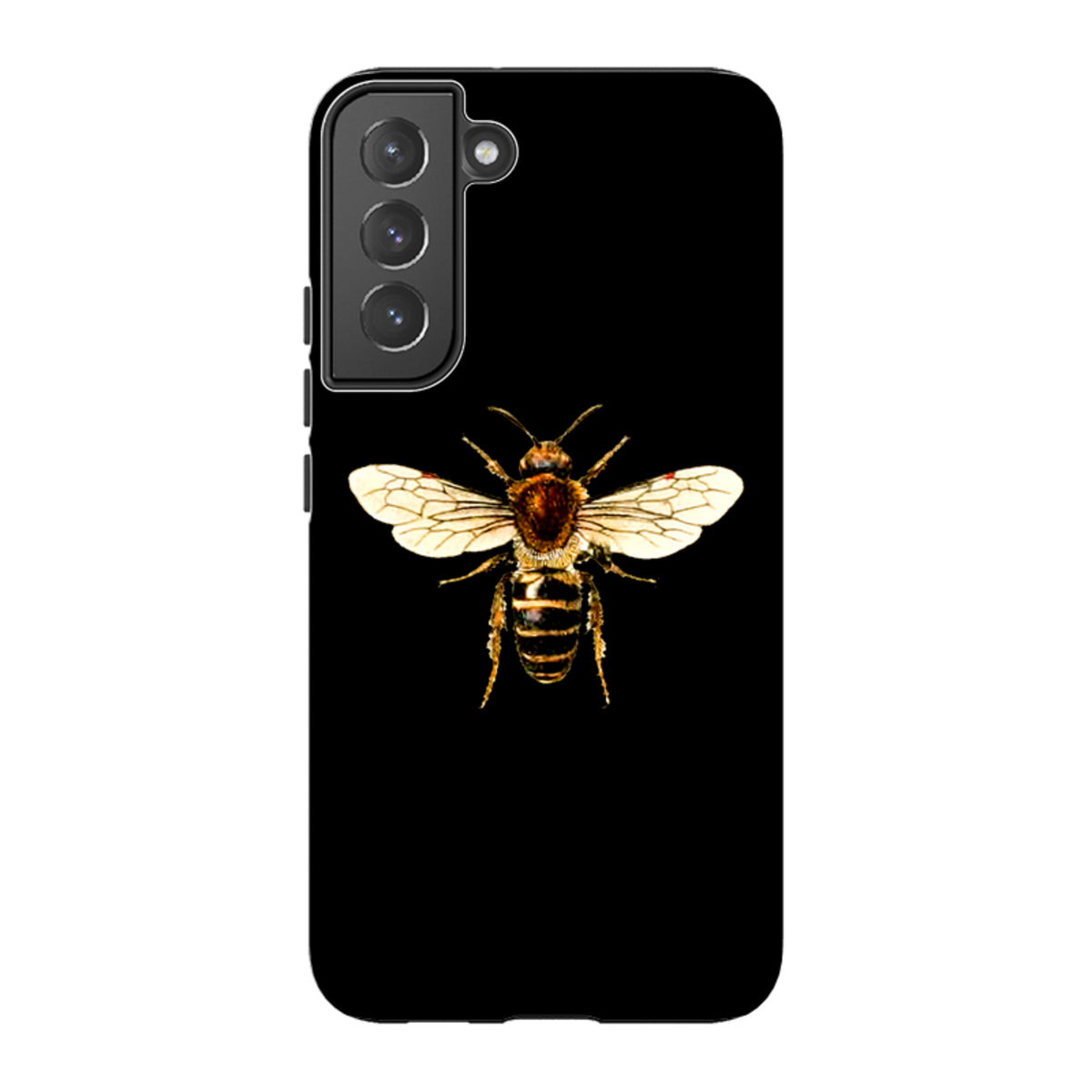 Samsung Galaxy tough case in black featuring a detailed, high-definition bee illustration on the back.