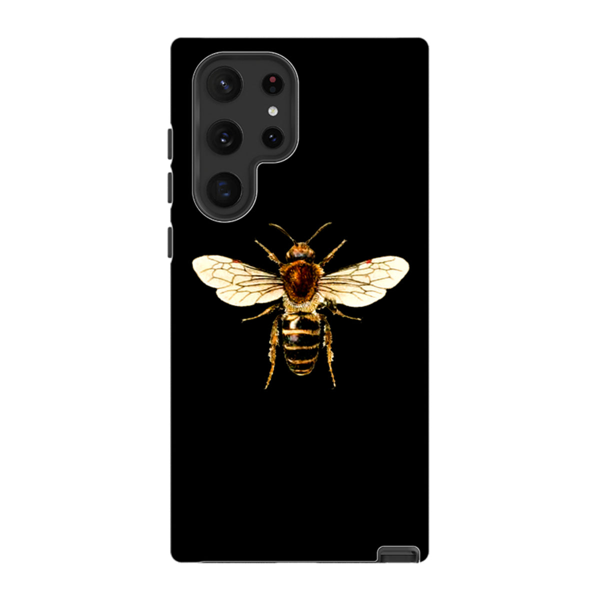 Samsung Galaxy tough case featuring a detailed honeybee illustration on a sleek black background with dual-layer protection.