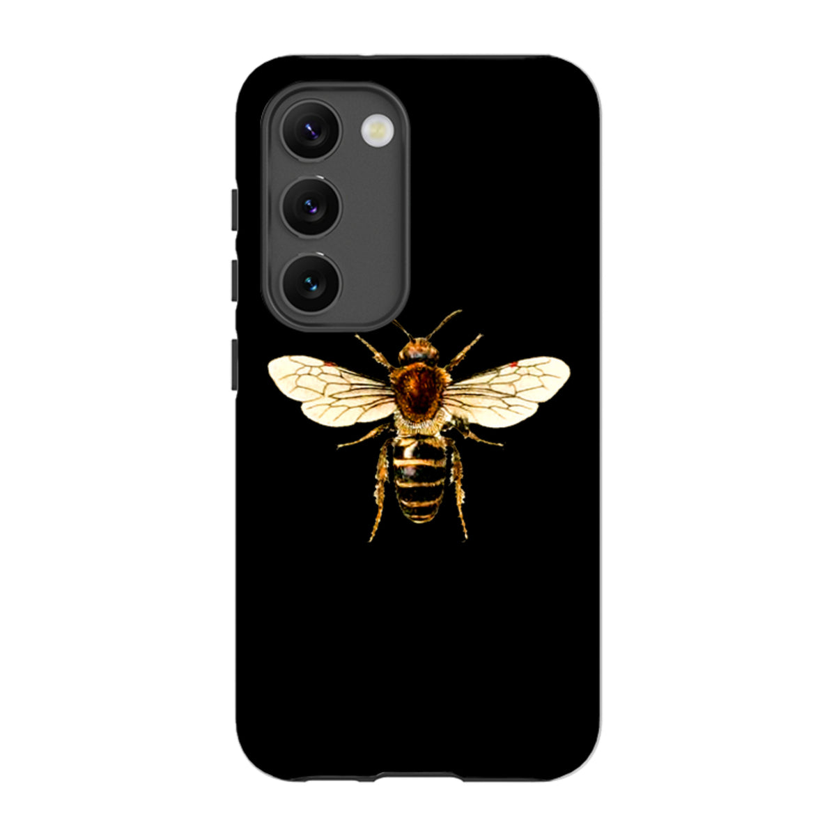 Samsung Galaxy tough case featuring a detailed honeybee illustration on a solid black background.