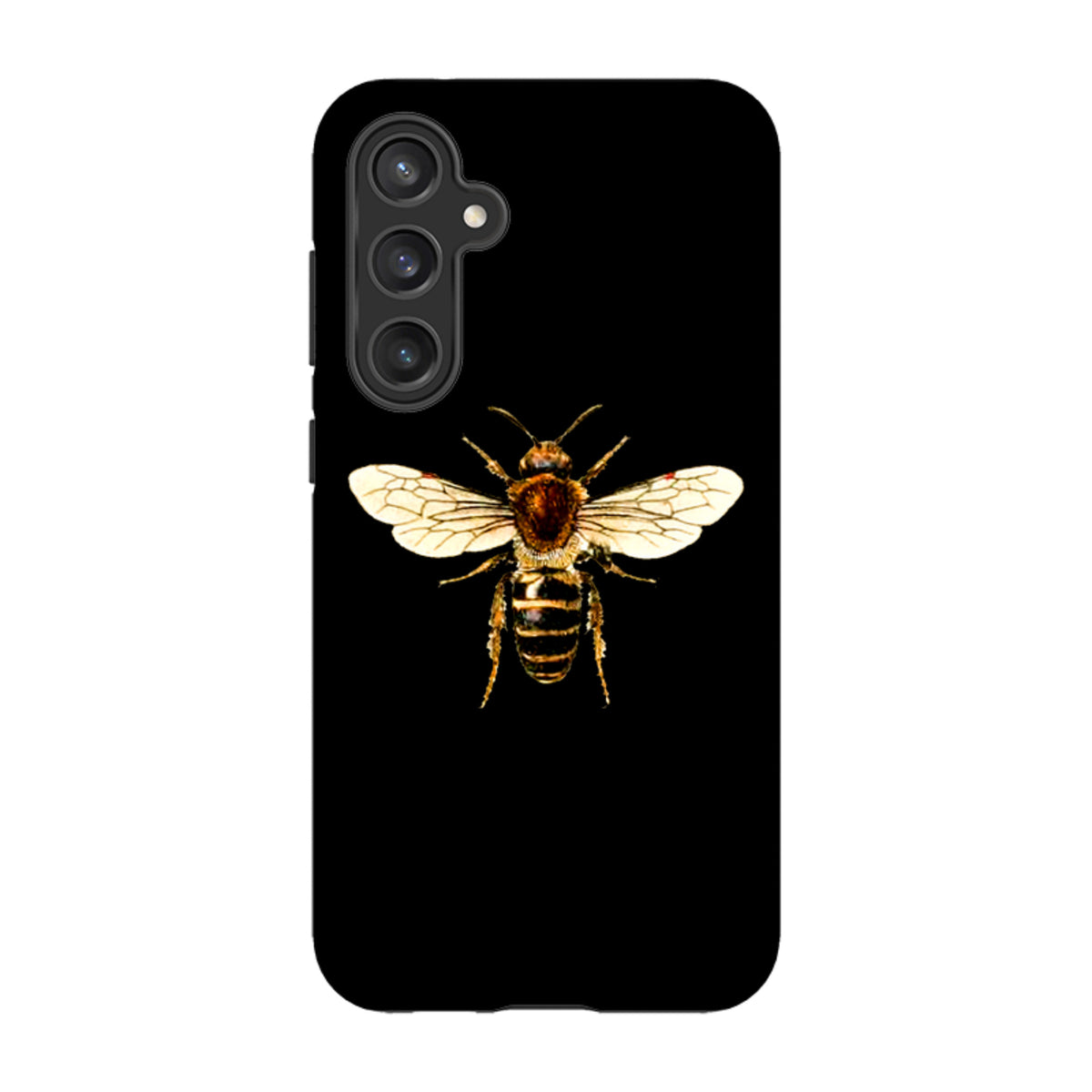 Samsung Galaxy tough case featuring a detailed honeybee illustration on a solid black background.