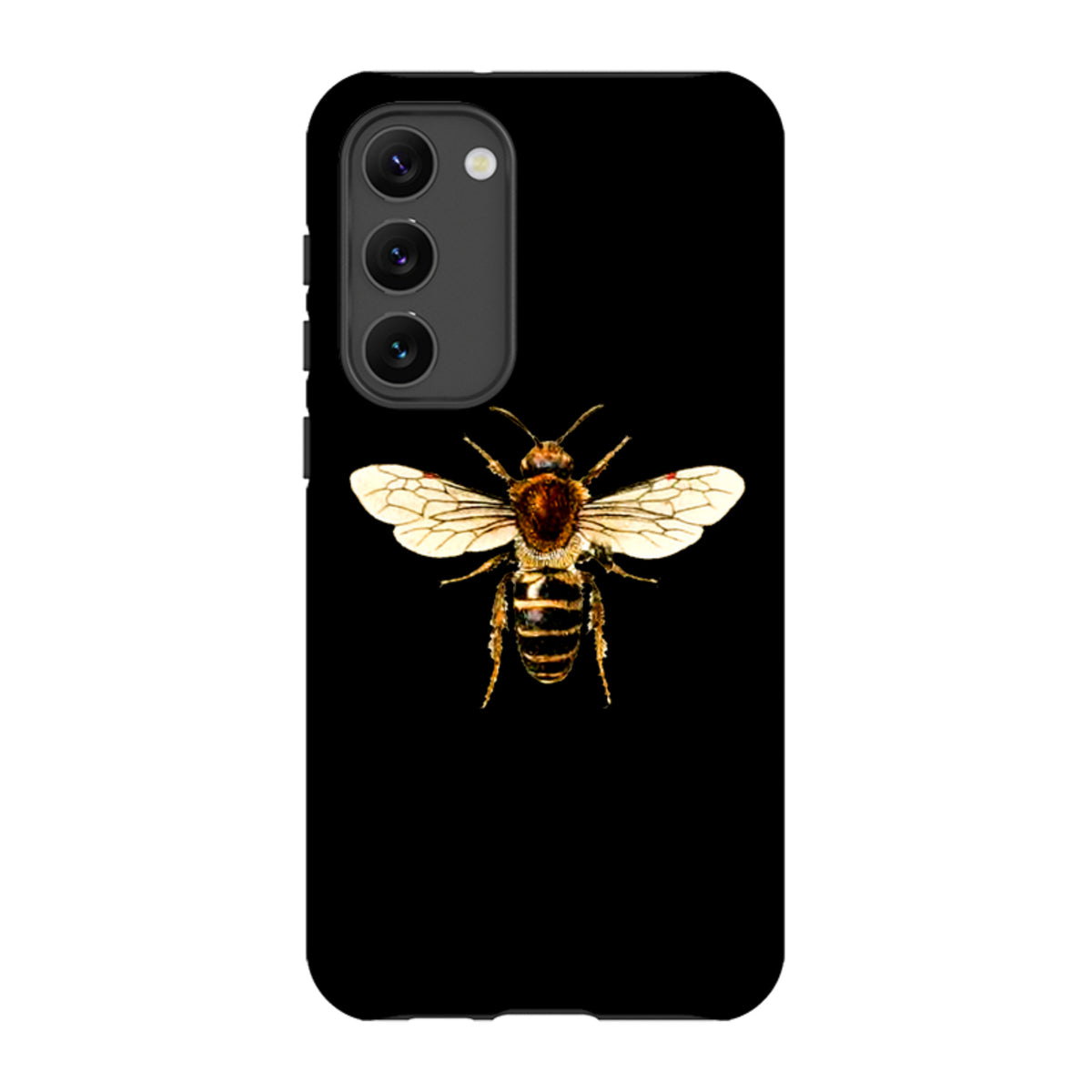 Samsung Galaxy tough case in black featuring a detailed, high-definition honeybee illustration on the back.