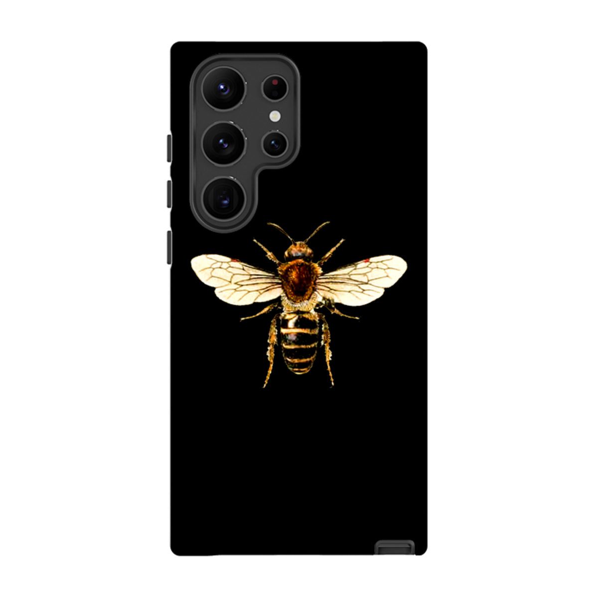 Samsung Galaxy tough case featuring a detailed honeybee illustration on a solid black background with dual-layer protection.