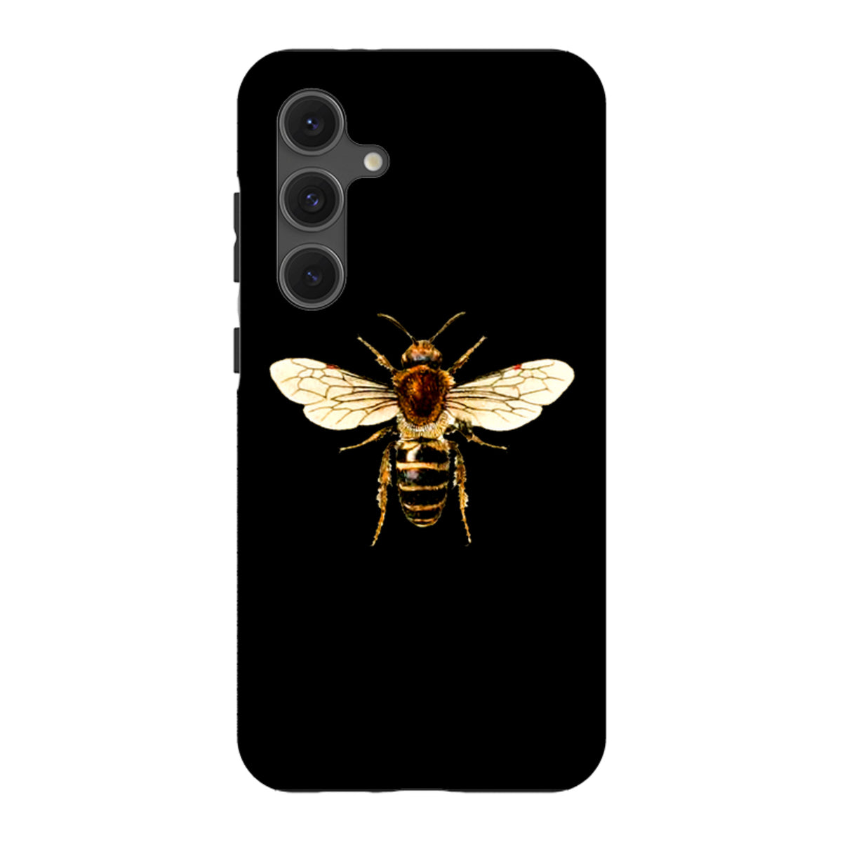 Samsung Galaxy tough case in black featuring a detailed, high-definition honeybee illustration on the back.