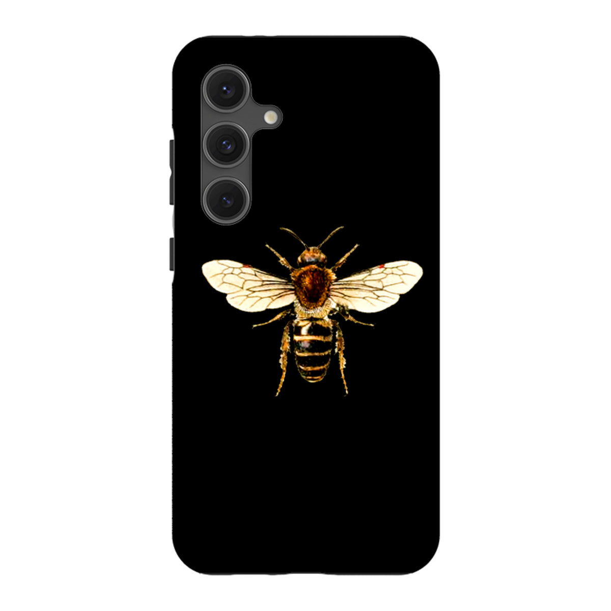Samsung Galaxy tough case in black featuring a detailed, high-definition honeybee illustration on the back.