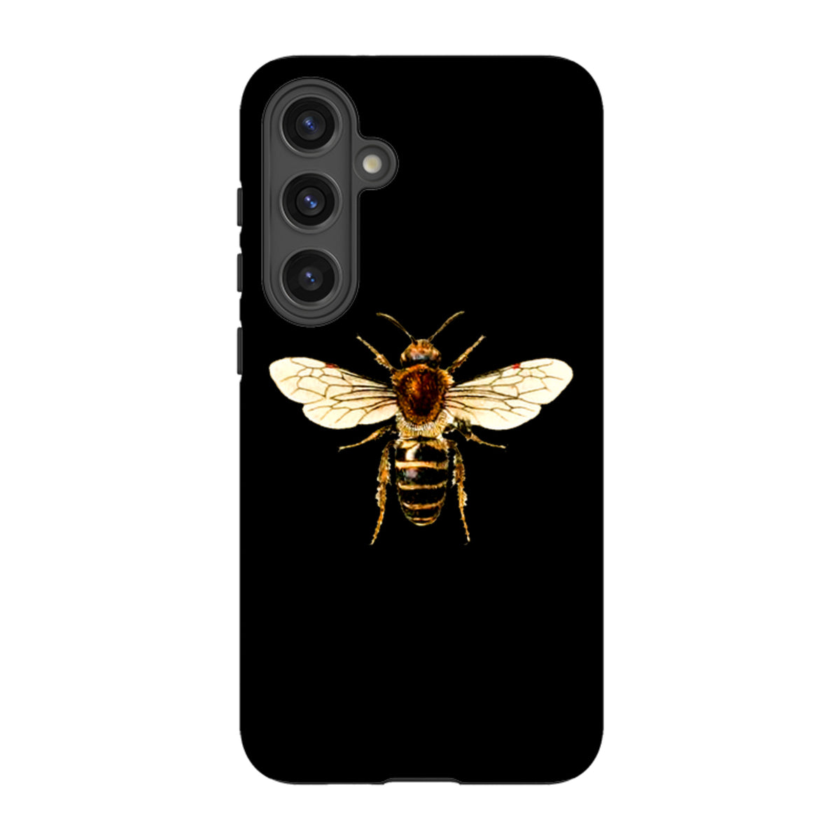 Samsung Galaxy tough case in black featuring a detailed, high-definition bee illustration on the back.