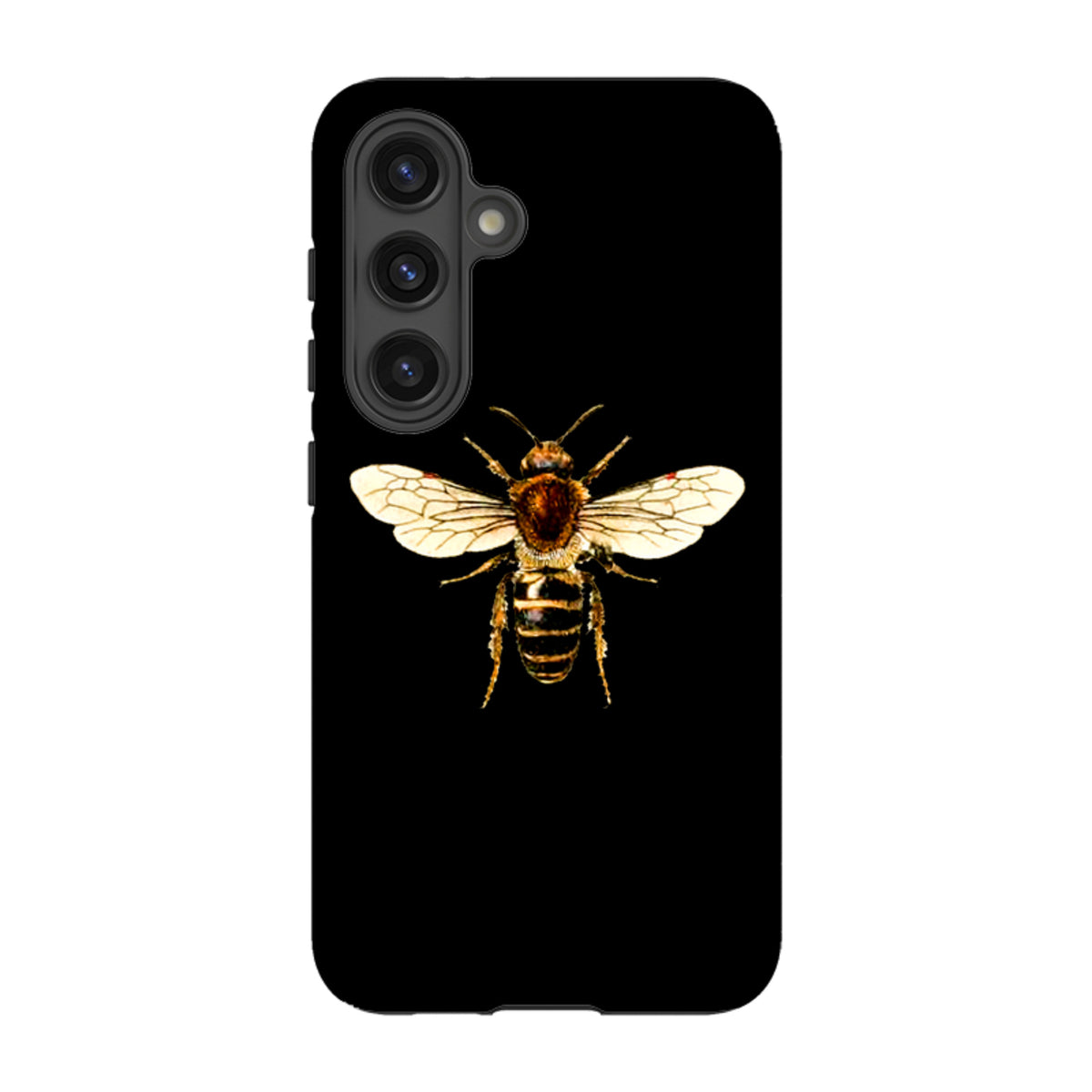 Samsung Tough Case for Galaxy featuring a detailed bee illustration on a sleek black background with triple camera cutout.