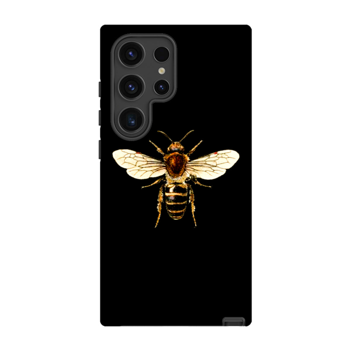 Samsung Galaxy tough case in black featuring a detailed, high-definition honeybee illustration on the back.