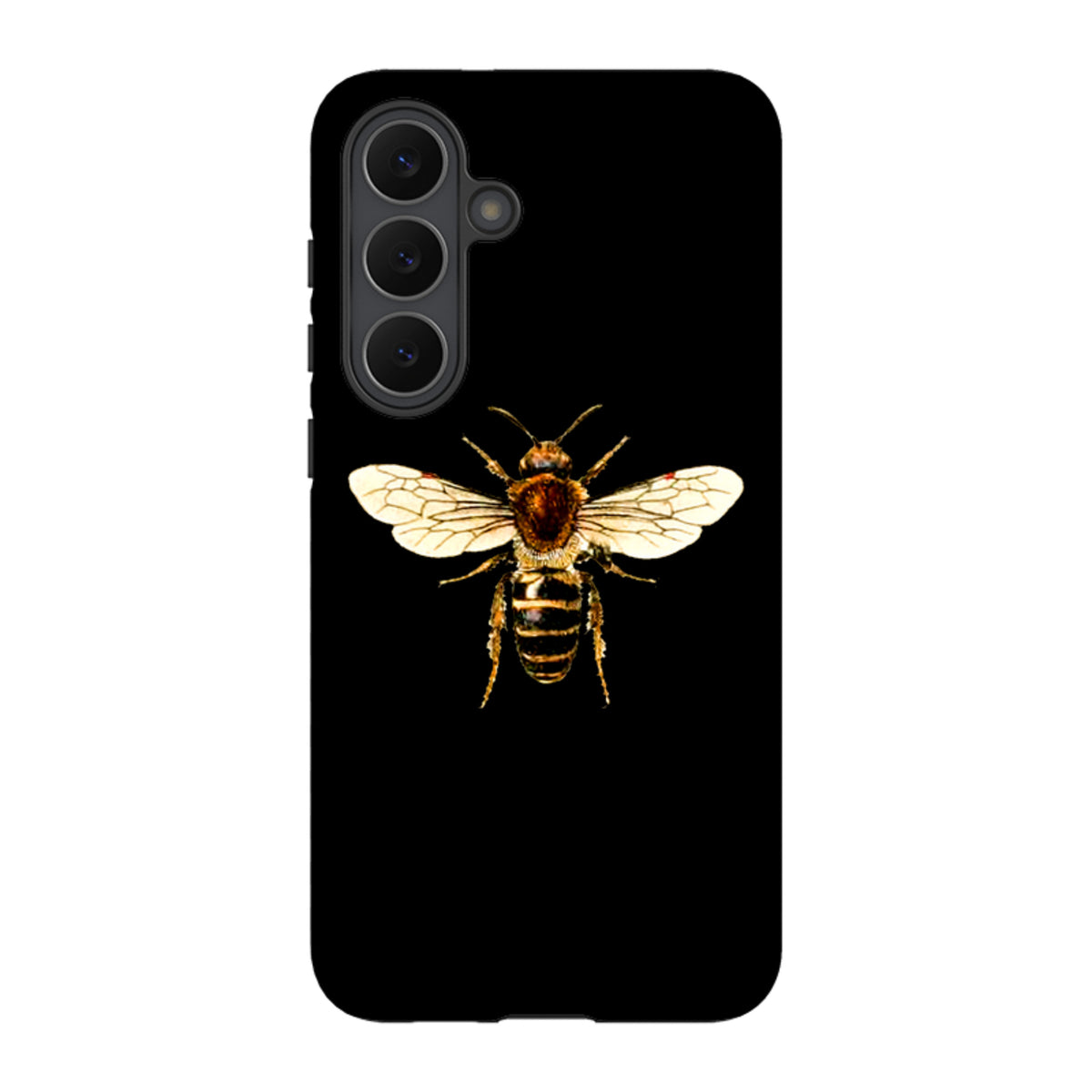 Samsung Tough Case for Galaxy featuring a detailed bee illustration on a sleek black background with triple camera cutout.