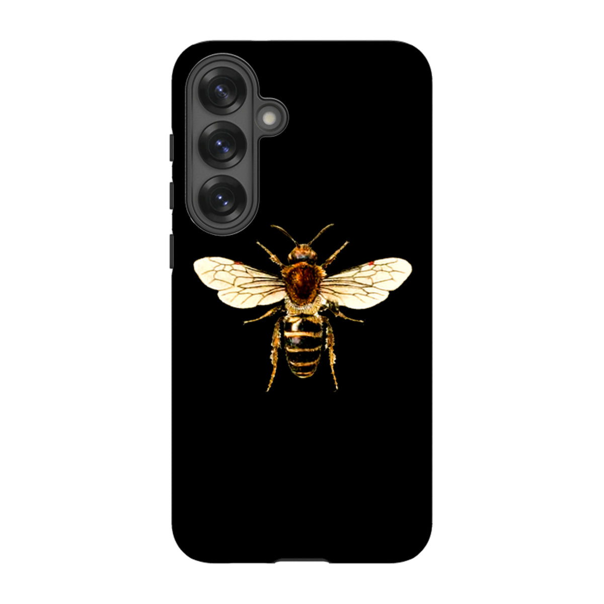 Samsung Galaxy tough case featuring a detailed honeybee illustration on a sleek black background with triple camera cutout.