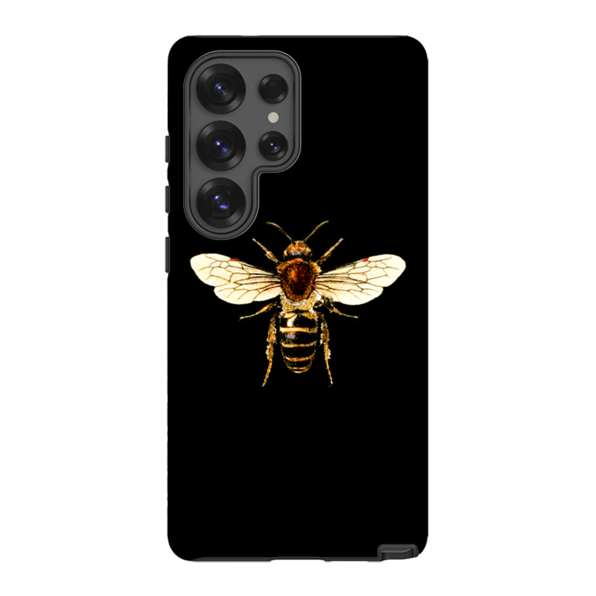 Samsung Galaxy tough case in black featuring a detailed, high-definition bee illustration on the back.