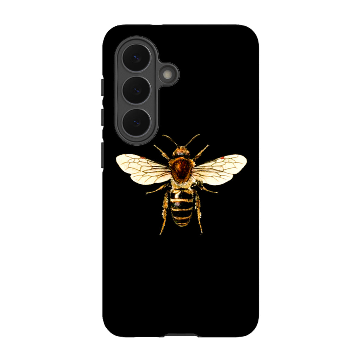 Samsung Galaxy tough case in black featuring a detailed, high-definition honeybee illustration on the back.